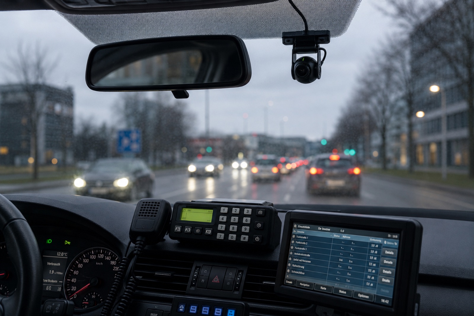 Cockpit eines Streifenwagens mit Fahrzeugkamera an der Windschutzscheibe, Funk und Einsatzdisplay