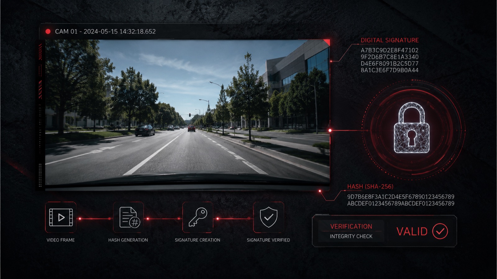 Digital signature and hash over a video frame from the vehicle camera